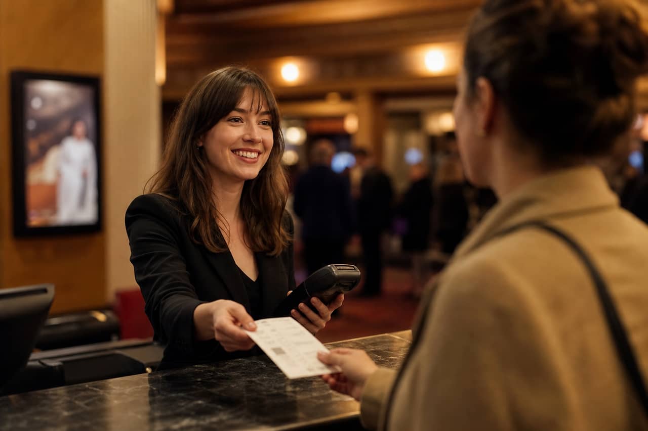 Event staff selling tickets at the door with a terminal