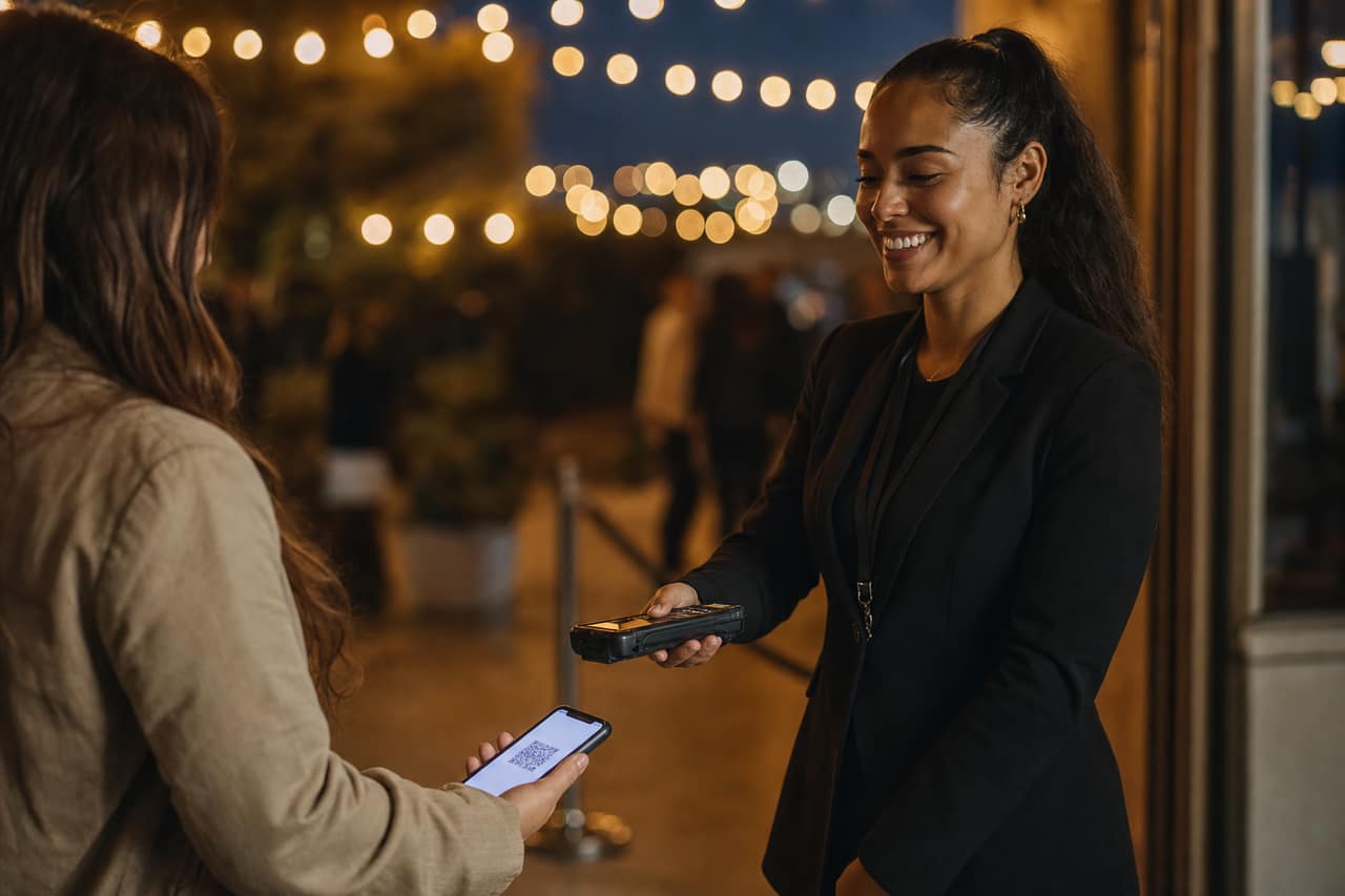 A PDA ticket reader scanning a QR code at entry