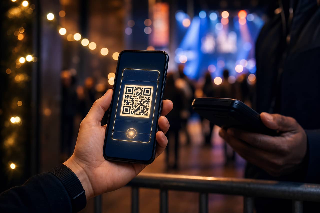A phone showing a secure ticket with a QR code