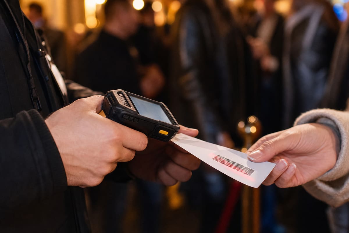 Tapahtuman henkilökunta tarkastaa lipun QR-koodin käsiskannerilla sisäänkäynnillä