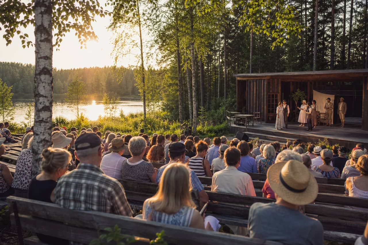 An outdoor summer theatre stage among trees